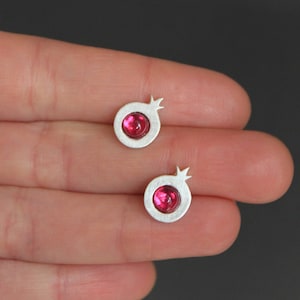 Sterling Silver Pomegranate Stud Earrings-Ruby Stone-Pink-Pomegranate Handmade jewelry-Circle-Minimal-Fruit Earrings-Miniature earrings