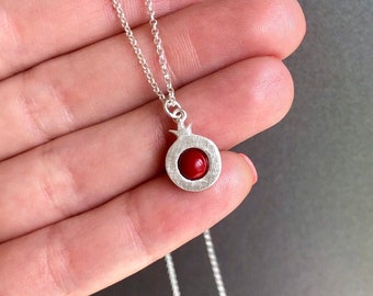Sterling Silver Pomegranate Necklace-Pendant-Fruit Jewelry-Bridesmaid Necklace-Mini Circle Pendant-Satin Finish-Ruby Pink-Coral Red-Charm