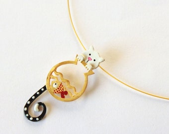 Kitty Cat-Handmade Necklace-Sterling Silver 925-Gold Plated 18k- Enamel Hand Painted-Cat pendant-Animals-Fish Jewelry