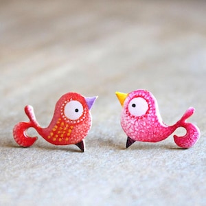 Tiny Love Birds Earrings-Bronze or Sterling Silver Earrings-Original acrylic painting-hand painted Earrings- Bright Red Bird