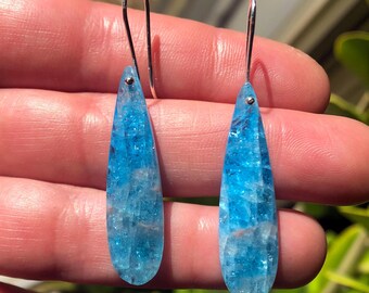 Natural Blue Apatite Teardrop Earrings-Sterling Silver Earwire-Gemstone Jewelry-Rectangle-Apatite Genuie Gemtone-Turquoise-SeaBlue-Skyblue
