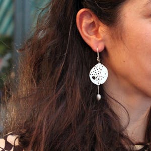 Black Snow-Earrings Sterling Silver White Pearls -Silver Oxidized or Silver Satin Finish-Dangle Earrings-Holes-Circle Minimalist Earrings image 4