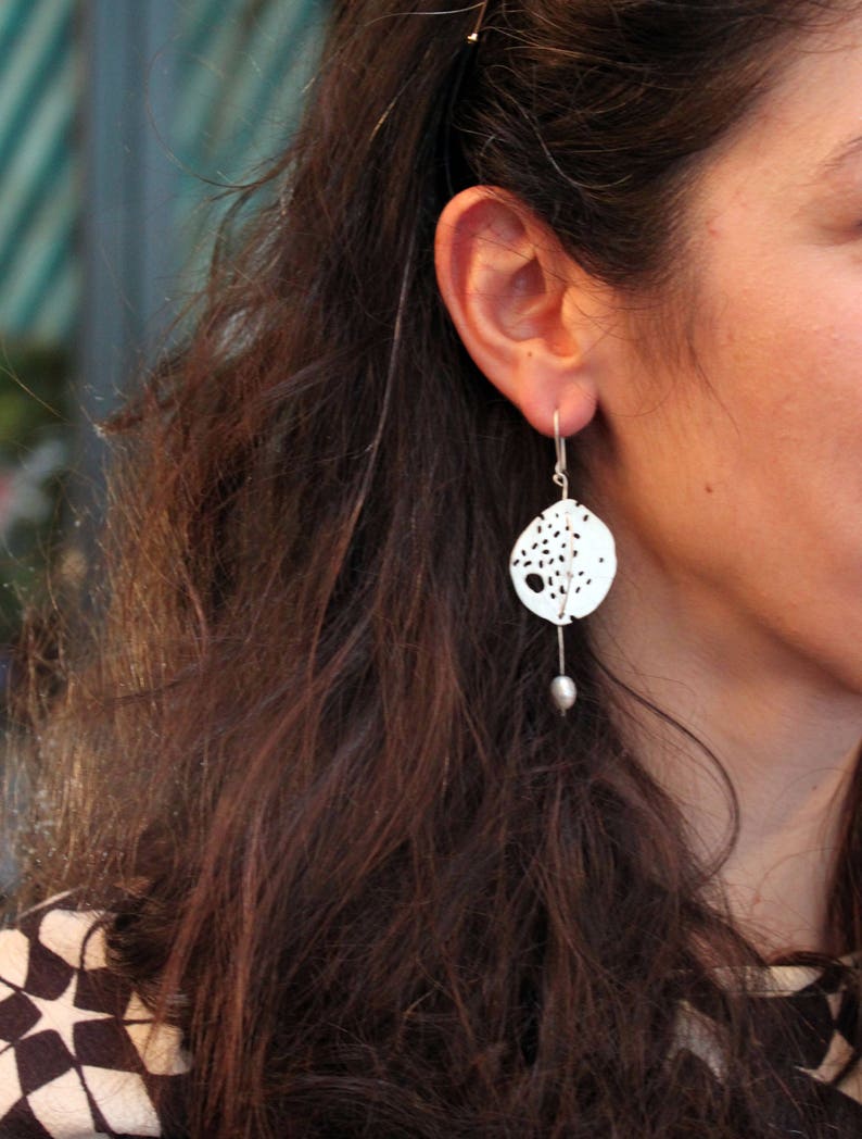 Black Snow-Earrings Sterling Silver White Pearls -Silver Oxidized or Silver Satin Finish-Dangle Earrings-Holes-Circle Minimalist Earrings image 4