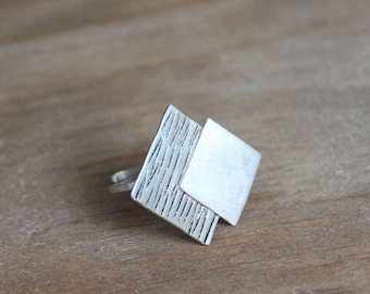 Sterling Silver Double Square Ring-Metalwork Ring-Adjustable Ring-Oxidized and Satin Finish-Open Ring-Geometric Jewelry
