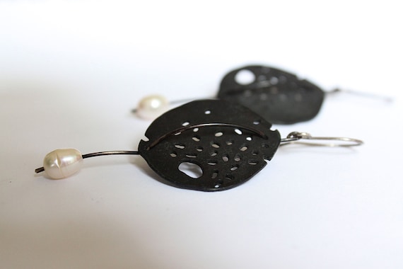 Black Snow-Earrings Sterling Silver White Pearls -Silver Oxidized or Silver Satin Finish-Dangle Earrings-Holes-Circle Minimalist Earrings