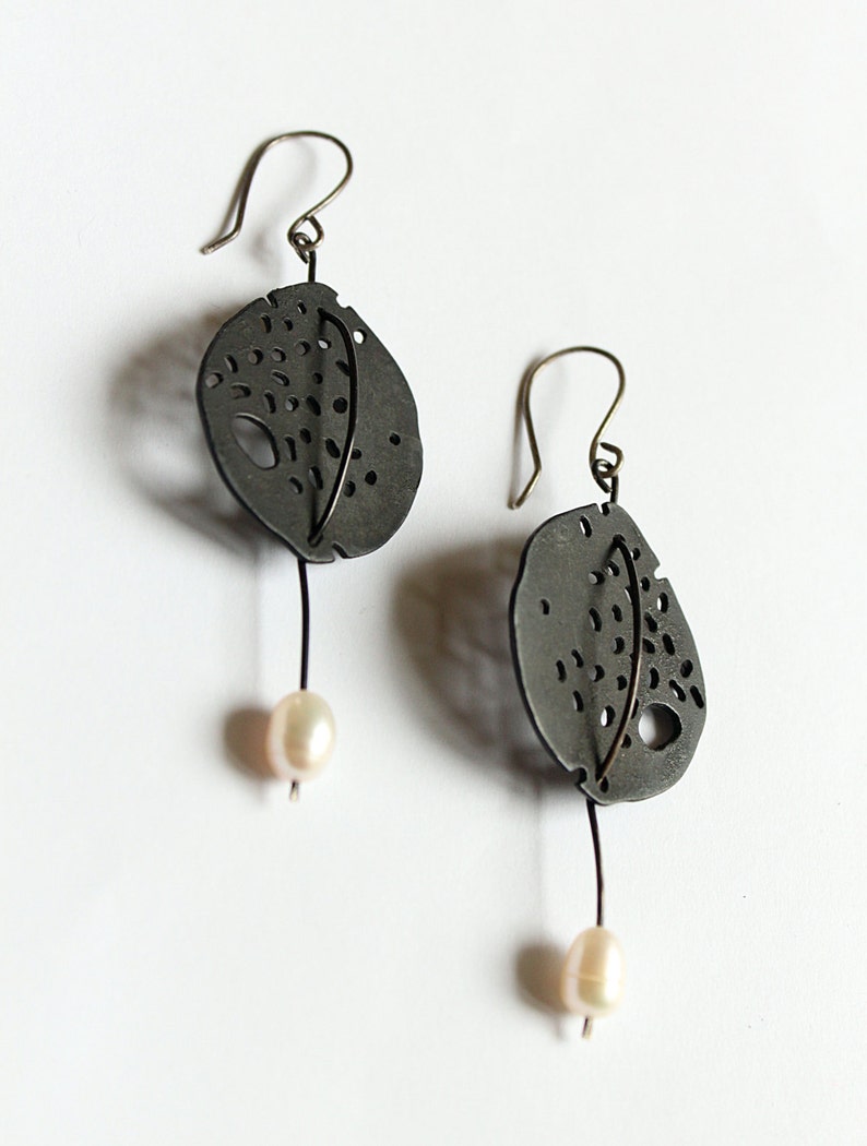 Black Snow-Earrings Sterling Silver White Pearls -Silver Oxidized or Silver Satin Finish-Dangle Earrings-Holes-Circle Minimalist Earrings image 5