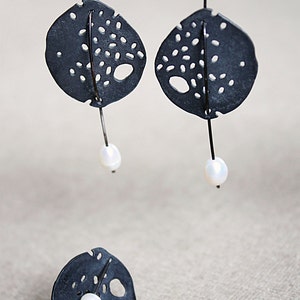 Black Snow-Earrings Sterling Silver White Pearls -Silver Oxidized or Silver Satin Finish-Dangle Earrings-Holes-Circle Minimalist Earrings image 7