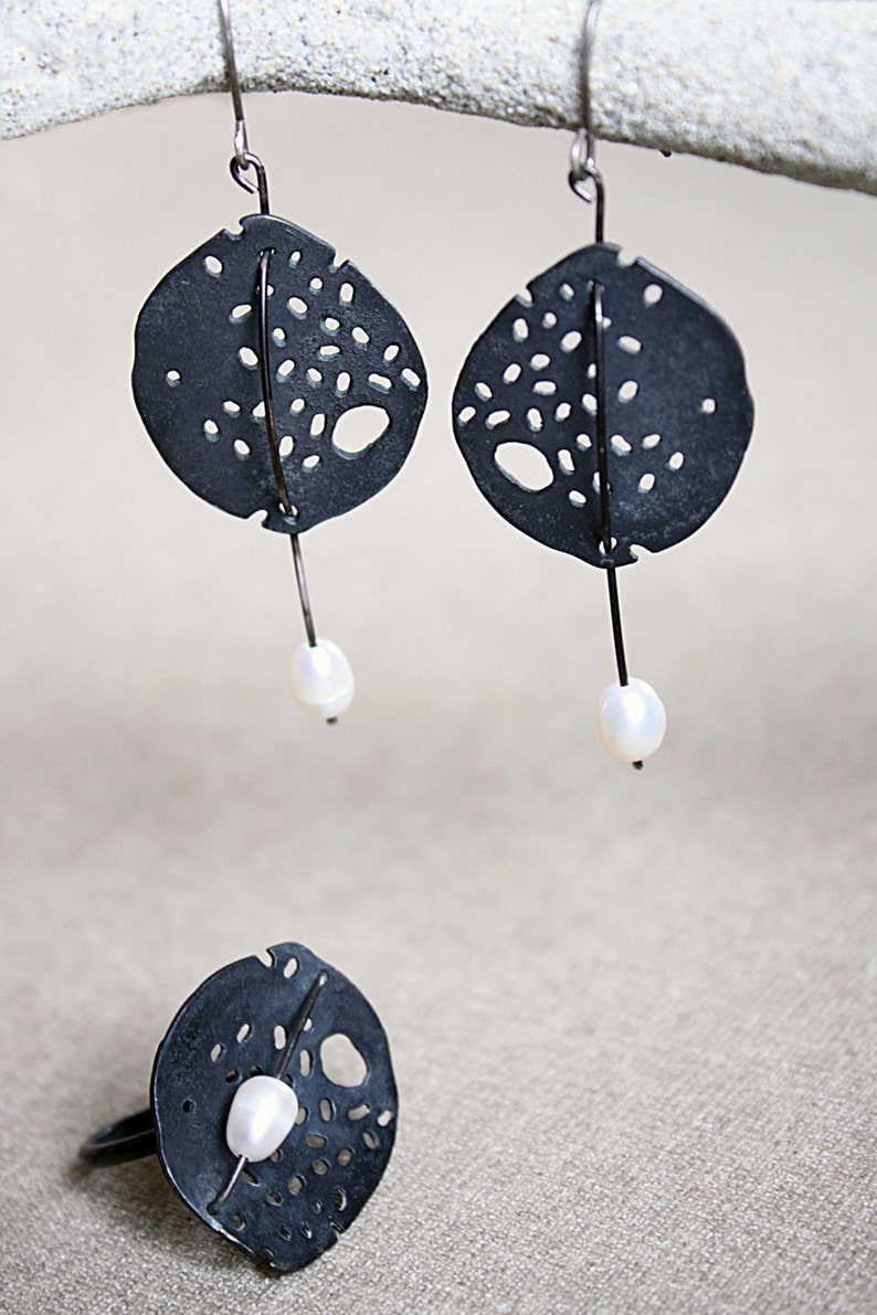 Black Snow-Earrings Sterling Silver White Pearls -Silver Oxidized or Silver Satin Finish-Dangle Earrings-Holes-Circle Minimalist Earrings image 7