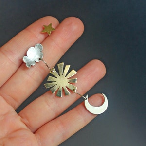 Handmade Cloud Sun Moon Star Earrings-Astronomy-Sterling Silver&Bronze or Gold plated 18K-Planets-Sun Earrings- Galaxy Jewelry-Gift for her