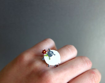 Handmade Sheep Ring-Sterling Silver and Bronze Ring-Enamel Hand Painted-Little Flower-Adjustable Ring-Cute Animal-Funny-Boho-Gift for her