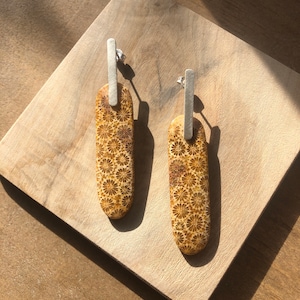 40.25 Cts Natürliche Fossile Koralle Ohrringe-Gelbe Koralle-Oval-Rechteck Ohrringe-Sterling Silber-Edelstein-Dangle-Rechteck-Genuie Coral Schmuck