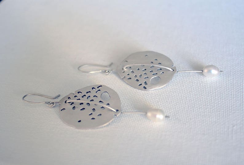 Black Snow-Earrings Sterling Silver White Pearls -Silver Oxidized or Silver Satin Finish-Dangle Earrings-Holes-Circle Minimalist Earrings image 2
