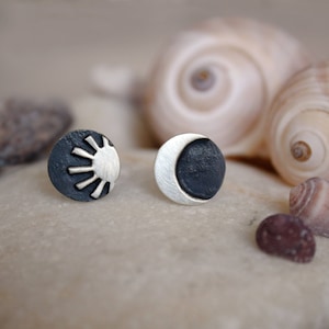 Sterling Silver Sun and Moon Stud Earrings: Celestial Yin Yang Jewelry