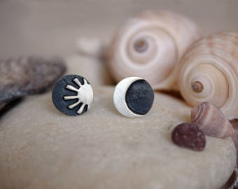 Small Sterling Silver Sun & Moon-Handmade Earrings Studs-Oxidized and Satin Finish-Astrology-Planets
