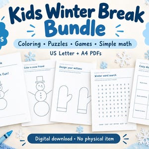 Może przedstawiać: Cyfrowy zestaw Kids Winter Break Bundle zawierający 16 stron z kolorowankami, łamigłówkami, grami i prostą matematyką dla dzieci w wieku 5-8 lat. Zawiera pliki PDF w formatach US Letter i A4 z zadaniami takimi jak rysowanie i bingo.