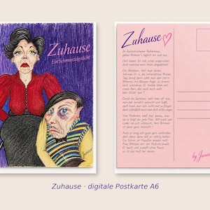 May include: A postcard featuring a coloured pencil illustration of a woman in a red top and a man with a black eye in a striped vest. The text reads Zuhause Ein Schmunzelgedicht. The reverse side is light pink with lines for an address and a poem.