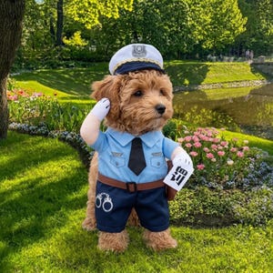 May include: A light brown curly-haired dog wearing a light blue police shirt with a black tie, dark blue shorts with white handcuff graphics, a brown belt, and a white police cap. The dog holds a white card with black Chinese characters.