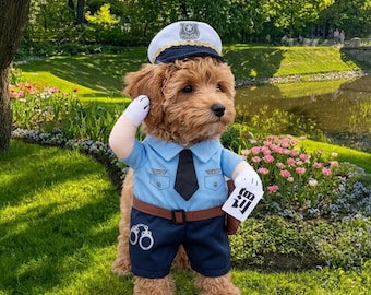 Dog Halloween Costume, Police Officer Pet Outfit with Hat and Arms, Funny Cop Uniform for Cat or Puppy, Polyester Clothes Gift