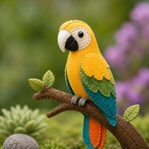 Puede incluir: Una figura de loro guacamayo hecha a mano en fieltro con cabeza amarilla, alas verdes y azul turquesa, y plumas de cola naranjas. El ave tiene un pico blanco y negro y un pequeño ojo negro, posada sobre una rama de fieltro marrón.