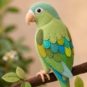Puede incluir: Una figura de loro de fieltro hecha a mano con plumas de ala superpuestas en verde, azul cerceta y amarillo, un pico de color melocotón claro y un ojo de cuenta negra. El pájaro está posado en una rama marrón texturizada con hojas de fieltro.