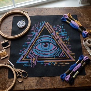May include: A black fabric square featuring a cross-stitch design of a glowing blue and gold eye inside a triangle with digital circuit patterns. Includes two wooden embroidery hoops, metal scissors, sewing needles, and colorful embroidery floss.