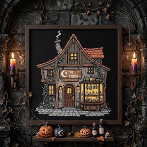 May include: A framed cross-stitch embroidery depicting a two-story building with a sign reading THE MOON, featuring a chimney with smoke, glowing yellow windows, and a storefront display filled with bottles, all set against a black background.