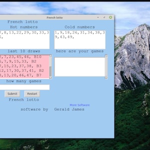 Puede incluir: Una pantalla de ordenador azul con una interfaz de juego de lotería francesa. La pantalla muestra los 10 últimos sorteos, los números calientes y fríos, y un cuadro de texto para introducir el número de juegos. El texto "French lotto" se muestra en la parte superior e inferior de la pantalla.