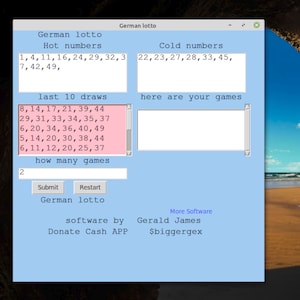 May include: A blue computer screen with a German lotto game. The screen shows the hot and cold numbers, the last 10 draws, and a field to enter how many games to generate. The text "German lotto" appears at the top and bottom of the screen.