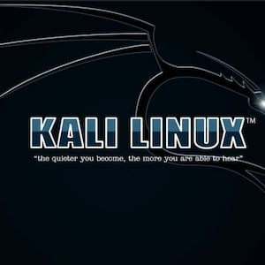 May include: A black and white logo of a stylized dragon with the text "KALI LINUX" and the tagline "the quieter you become, the more you are able to hear".