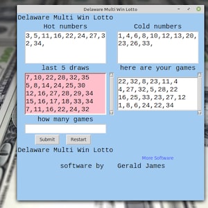 May include: Screenshot of the "Delaware Multi Win Lotto" software interface. The interface displays hot and cold numbers, the last five draws, and generated game numbers. The software is by Gerald James.