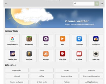 May include: Screenshot of a software manager application with a search bar, a list of categories, and a selection of popular applications. The application is called "Gnome-weather" and is used to access current weather conditions and forecasts.