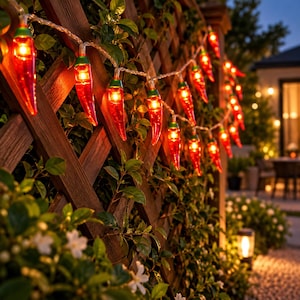 May include: A string of decorative LED lights shaped like red chili peppers with green caps. The lights are illuminated and hung along a wooden lattice fence, casting a warm glow over the surrounding green foliage and white flowers in the evening.