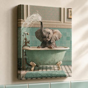 May include: A canvas print featuring a baby elephant sitting in a vintage clawfoot bathtub. The elephant sprays water from its trunk. The bathroom has teal square tiles, a brass faucet, and a black and white checkered floor with a green bath mat.
