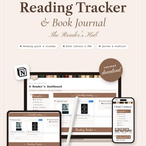 May include: A Notion template for a reading tracker and book journal displayed on a desktop monitor, tablet, and smartphone. The interface features a reader's dashboard with navigation, currently reading sections, and book lists.
