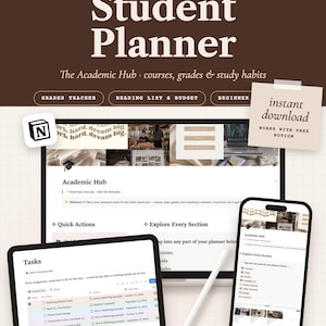 May include: A digital Notion template for a student planner featuring a dark brown background with white text. The layout displays an academic hub, task lists, and grade trackers on a laptop, tablet, and phone screen with a white stylus pen.