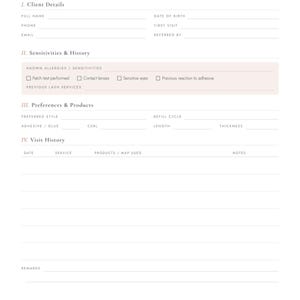Puede incluir: Una tarjeta de registro de cliente para extensiones de pesta&ntilde;as en papel blanco con texto negro. Las secciones incluyen detalles del cliente, sensibilidades e historial, preferencias y productos, e historial de visitas con l&iacute;neas en blanco.