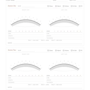 Puede incluir: Un formulario de papel blanco para mapeo de extensiones de pesta&ntilde;as con dos sesiones, secciones para nombre del cliente, fecha y pr&oacute;xima cita. Incluye diagramas de ojos con zonas numeradas y campos para rizo, longitud y grosor de las pesta&ntilde;as.