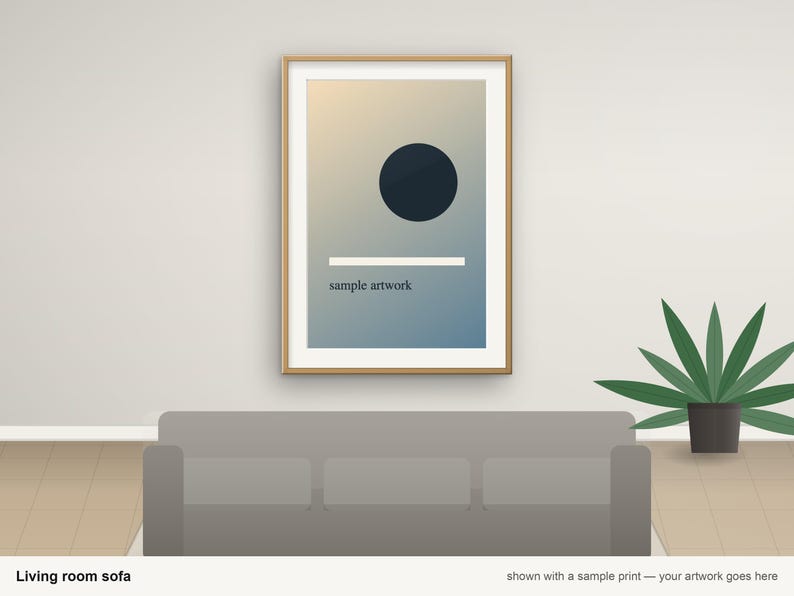 May include: A framed vertical print featuring a dark blue circle above a horizontal white line and the text sample artwork, set against a gradient background transitioning from light beige to blue, displayed in a wooden frame.