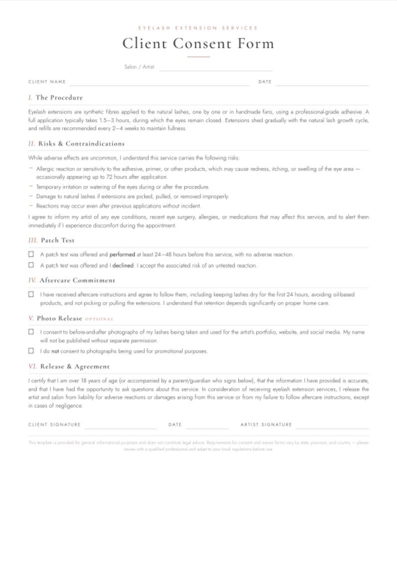 Puede incluir: Un formulario de consentimiento del cliente en papel blanco para servicios de extensi&oacute;n de pesta&ntilde;as. El documento incluye secciones sobre detalles del procedimiento, riesgos, pruebas de parche, cuidados posteriores, autorizaci&oacute;n de fotos y firmas.