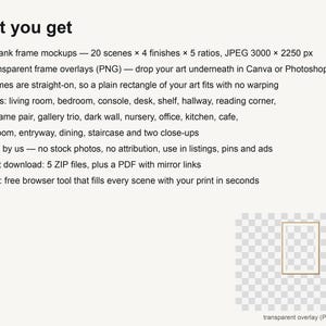 May include: A digital product listing titled What you get, featuring 400 blank frame mockups in 20 scenes with 4 finishes and 5 ratios, 80 transparent PNG frame overlays, and a browser tool for filling scenes with art prints.