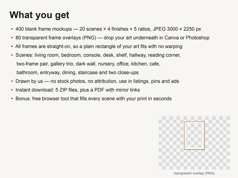May include: A digital product listing titled What you get, featuring 400 blank frame mockups in 20 scenes with 4 finishes and 5 ratios, 80 transparent PNG frame overlays, and a browser tool for filling scenes with art prints.
