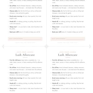 Puede incluir: Un conjunto de cuatro tarjetas blancas id&eacute;nticas con texto negro titulado Love Your Lashes Lash Aftercare. Las tarjetas enumeran instrucciones para mantener las pesta&ntilde;as secas, usar productos sin aceite, limpieza diaria, cepillado, evitar frotar, posiciones para dormir y reservar rellenos.