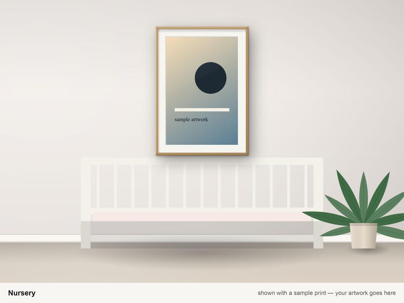 May include: A framed vertical wall print featuring a gradient background transitioning from light beige to blue. The artwork displays a solid dark circle, a horizontal white line, and the text "sample artwork" in small black font.
