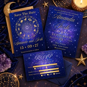 May include: A set of wedding stationery featuring a deep blue galaxy background with gold foil text and accents. The cards include a Save The Date with a zodiac wheel, a formal invitation for Amanda and Josh, and an RSVP card with fillable lines.