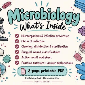 Pode incluir: Um PDF imprimível de 8 páginas intitulado Microbiology What's Inside, com ilustrações de um microscópio, placas de Petri, luvas azuis e micróbios de desenho animado. O texto lista tópicos como prevenção de infecções e exercícios.