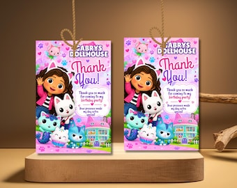 Biglietto di ringraziamento a tema casa delle bambole GABBY, bomboniera per festa di compleanno a tema gatto, biglietto stampabile per feste per bambini, simpatico messaggio di ringraziamento per la festa