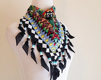 Vintage 1980s Wild West Crazy Print Beaded Kerchief Neck Scarf