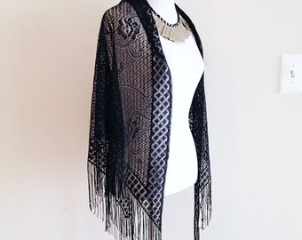 Vintage Black Lace Shawl Dark Mori Goth Gypsy Stevie Nicks