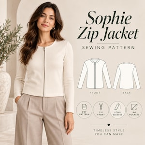 Könnte beinhalten: Ein Schnittmuster für die Sophie Zip Jacket, bestehend aus einer cremefarbenen Langarmjacke mit Frontreißverschluss. Das Bild enthält technische Strichzeichnungen der Vorder- und Rückansicht sowie Symbole für PDF-Schnittmuster, Reißverschluss, lange Ärmel und keine Taschen.