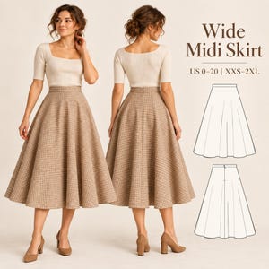 May include: A wide midi skirt featuring a brown and tan houndstooth pattern, shown from front and back views. The image includes text reading Wide Midi Skirt, US 0-20 | XXS-2XL, and two line-art diagrams illustrating the skirt's flared silhouette.